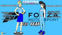 Size: 3840x2160 | Tagged: safe, artist:forzaveteranenigma, imported from derpibooru, octavia melody, rainbow dash, human, fanfic:equestria motorsports, clothes, comparison, cutie mark, flats, forza motorsport, high res, human coloration, humanized, looking at you, outfit, polo shirt, racing suit, serious, serious face, shoes, simple background, skirt, smiling, smiling at you, socks, uniform, watermark