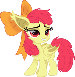 Size: 1280x1317 | Tagged: safe, artist:cloudy glow, artist:cloudyglow, imported from derpibooru, apple bloom, bat pony, pony, bat ponified, bloombat, fangs, female, filly, lidded eyes, race swap, simple background, solo, transparent background, vector