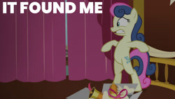 Size: 1280x720 | Tagged: safe, edit, edited screencap, editor:quoterific, imported from derpibooru, screencap, bon bon, sweetie drops, earth pony, pony, season 5, slice of life (episode), bipedal, female, mare, secret agent sweetie drops, solo, stephen king's it