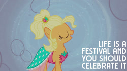 Size: 1280x720 | Tagged: safe, edit, edited screencap, editor:quoterific, imported from derpibooru, screencap, applejack, earth pony, pony, season 4, simple ways, alternate hairstyle, applejewel, clothes, dress, eyes closed, female, mare, open mouth, solo