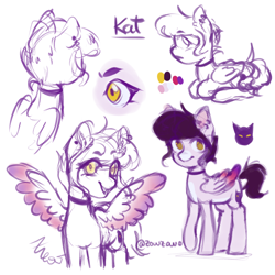 Size: 1800x1800 | Tagged: safe, artist:zowzowo, imported from derpibooru, oc, oc only, oc:kat, pegasus, pony, choker, colored wings, colored wingtips, cute, ear fluff, female, lilac pony, mare, piercing, redesign, sketch, sketch dump, solo, wings