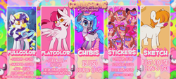Size: 1510x684 | Tagged: safe, artist:lilpinkghost, imported from derpibooru, oc, alicorn, earth pony, pegasus, pony, unicorn, bluehair, caption, chibi, commission, curly hair, cute, female, image macro, male, mare, paypal, pinkhair, sketch, sticker, text