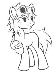 Size: 1500x2000 | Tagged: safe, artist:pizzamovies, imported from derpibooru, oc, oc only, oc:gear ratio, earth pony, pony, goggles, male, monochrome, simple background, solo, stallion