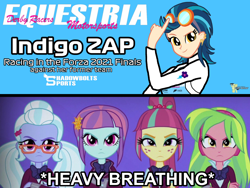 Size: 2160x1620 | Tagged: safe, artist:forzaveteranenigma, imported from derpibooru, indigo zap, lemon zest, sour sweet, sugarcoat, sunny flare, fanfic:equestria motorsports, fanfic:shadowbolts racing, equestria girls, friendship games, angry, betrayal, betrayed, clothes, cutie mark, cutie mark on clothes, forza motorsport, racing suit, serious, serious face, shadowbolts, simple background, watermark, youtube link in the description