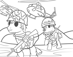 Size: 3800x3000 | Tagged: safe, artist:pizzamovies, imported from derpibooru, earth pony, pony, assault rifle, born to kill, clothes, gun, helicopter, helmet, high res, m16, male, monochrome, rifle, stallion, uniform, vietnam war, weapon