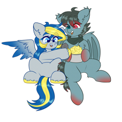 Size: 2000x2000 | Tagged: safe, alternate version, artist:etoz, imported from derpibooru, oc, oc only, oc:ange hightower, oc:mystery iris, bat pony, pegasus, pony, bat pony oc, bat wings, clothes, commission, fangs, female, food, happy, high res, male, mare, pegasus oc, popcorn, scarf, simple background, sitting, smiling, stallion, transparent background, wings