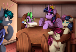 Size: 2933x1998 | Tagged: safe, artist:pridark, imported from derpibooru, bon bon, roseluck, spike, sweetie drops, twilight sparkle, oc, oc:spark gap, alicorn, bat pony, dragon, pony, fanfic:fine print, angry, bat pony oc, bat wings, chair, chest fluff, commission, crown, eyes closed, feather, guard, jewelry, regalia, sitting, table, trouble, twilight sparkle (alicorn), wings