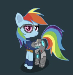 Size: 1368x1407 | Tagged: safe, artist:raritycangetit:), imported from derpibooru, rainbow dash, cyborg, pegasus, pony, clothes, eye scar, female, gray background, looking at you, mare, scar, simple background, solo