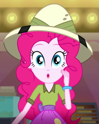 Size: 575x720 | Tagged: safe, imported from derpibooru, screencap, pinkie pie, eqg summertime shorts, equestria girls, the canterlot movie club, cropped, cute, diapinkes, female, hat, pith helmet, solo