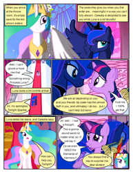 Size: 612x792 | Tagged: safe, artist:newbiespud, edit, edited screencap, imported from derpibooru, screencap, princess celestia, princess luna, twilight sparkle, alicorn, pony, unicorn, comic:friendship is dragons, season 3, the crystal empire, bag, comic, eyelashes, female, glowing horn, hair over one eye, horn, indoors, jewelry, magic, magic aura, mare, peytral, quill, royal sisters, saddle bag, screencap comic, scroll, siblings, sisters, smiling, stained glass, tiara, unicorn twilight, wings