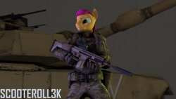 Size: 1280x720 | Tagged: safe, artist:scooteroll3k, imported from derpibooru, scootaloo, tank, anthro, 1000 hours in sfm, assault rifle, battle rifle, fn herstal, fn scar, gun, m1 abrams, main battle tank, male, mbt, military, military equipment, rifle, rule 63, scar, scar h, scar mk17, scar-h, scooteroll, solo, tank (vehicle), weapon