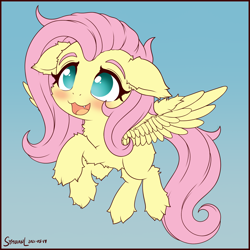 Size: 1750x1750 | Tagged: safe, artist:symbianl, imported from derpibooru, fluttershy, pegasus, pony, :d, blushing, chibi, cute, cute little fangs, fangs, fluffy, missing cutie mark, no pupils, open mouth, open smile, shyabetes, smiling, solo