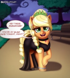 Size: 2000x2217 | Tagged: safe, artist:dibujito, imported from derpibooru, part of a set, applejack, earth pony, pony, alternate hairstyle, applejack also dresses in style, black dress, blind date, bracelet, choker, clothes, dialogue, dress, ear piercing, earring, female, hatless, high res, implied infidelity, jewelry, looking at you, makeover, missing accessory, necklace, open mouth, open smile, park, park bench, piercing, smiling, solo, solo female, speech bubble, talking to viewer