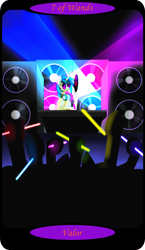 Size: 1500x2591 | Tagged: safe, artist:sixes&sevens, imported from derpibooru, part of a set, dj pon-3, vinyl scratch, unicorn, crowd, female, glowstick, minor arcana, nightclub, rave, seven of wands, spotlight, sunglasses, tarot card