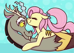 Size: 3508x2480 | Tagged: safe, artist:jellysiek, artist:jellysketch, imported from derpibooru, discord, fluttershy, draconequus, pegasus, pony, boop, cuddling, cute, discoshy, eyes closed, female, forehead kiss, high res, kissing, male, older, older fluttershy, profile, shipping, smiling, straight