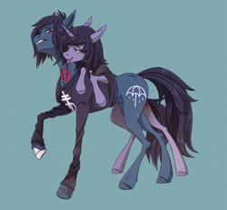 Size: 1888x1747 | Tagged: safe, artist:1an1, imported from derpibooru, earth pony, pony, undead, unicorn, zombie, zombie pony, bone, bring me the horizon, clothes, commission, disguise, disguised siren, fangs, gay, glasgow smile, horn, kellin quinn, licking, lip piercing, long sleeves, male, oliver sykes, piercing, raised hoof, scar, shipping, shirt, simple background, sleeping with sirens, stallion, stitches, t-shirt, tattoo, teal background, tongue out, ych result