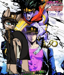 Size: 1204x1412 | Tagged: safe, artist:lisarasik21, imported from derpibooru, human, pony, anime, cap, chains, clothes, cutie mark, hat, jacket, jojo's bizarre adventure, jotaro kujo, ponified, purple shirt, shirt, stand, star platinum, stardust crusaders