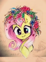 Size: 2153x2871 | Tagged: safe, artist:liaaqila, imported from derpibooru, fluttershy, pony, cute, flower, flower in hair, high res, shyabetes, solo, traditional art