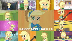 Size: 1280x721 | Tagged: safe, edit, edited screencap, editor:quoterific, imported from derpibooru, screencap, applejack, a queen of clubs, best in show: the victory lap, camping must-haves, driving miss shimmer, epic fails (equestria girls), eqg summertime shorts, equestria girls, equestria girls (movie), equestria girls series, legend of everfree, monday blues, rainbow rocks, rollercoaster of friendship, shake things up!, shake your tail, spoiler:eqg series (season 2), ^^, applejack's hat, bass guitar, belt, best in show logo, better than ever, camp everfree outfits, clothes, cowboy hat, crossed arms, cute, cutie mark, cutie mark on clothes, denim skirt, driving miss shimmer: applejack, eyes closed, female, geode of super strength, hat, helping twilight win the crown, jackabetes, jewelry, laughing, lockers, magical geodes, musical instrument, necklace, open mouth, photo booth (song), skirt, sliding background, smiling, smoke, solo