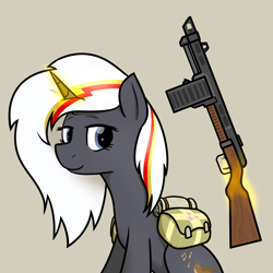 Size: 950x950 | Tagged: safe, artist:alexi148, imported from derpibooru, oc, oc only, oc:velvet remedy, pony, unicorn, fallout equestria, bag, female, fluttershy medical saddlebag, gun, magic, mare, saddle bag, shotgun, solo, telekinesis, weapon