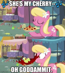 Size: 500x562 | Tagged: safe, edit, edited screencap, editor:professorventurer, imported from derpibooru, screencap, lily, lily valley, the big mac question, apple, cherry pie (food), cherry pie (song), food, goddammit, imgflip, living apple, market, meme, pie, song reference, tent, vulgar, warrant