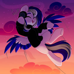 Size: 1280x1280 | Tagged: safe, artist:cloud-fly, imported from derpibooru, oc, oc only, oc:disk graze, pegasus, pony, clothes, female, headphones, hoodie, male, mare, solo, stallion, two toned wings, wings
