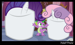 Size: 1288x778 | Tagged: safe, edit, edited screencap, editor:teren rogriss, imported from derpibooru, screencap, rarity, spike, sweetie belle, dragon, sisterhooves social, carousel boutique, food, marshmallow, rarity is a marshmallow, sweetie belle is a marshmallow too