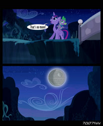 Size: 1288x1572 | Tagged: safe, edit, edited screencap, editor:teren rogriss, imported from derpibooru, screencap, spike, twilight sparkle, alicorn, dragon, pony, season 5, the cutie re-mark, alternate timeline, background pony, comic, crossover, death star, dragons riding ponies, duo, female, male, night, nightmare takeover timeline, open mouth, riding, screencap comic, spike riding twilight, star wars, that's no moon, twilight sparkle (alicorn)