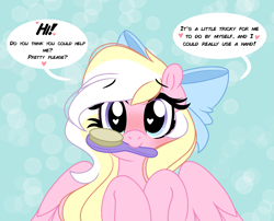 Size: 3555x2873 | Tagged: safe, artist:emberslament, imported from derpibooru, oc, oc only, oc:bay breeze, pegasus, pony, blushing, bow, bronybait, brush, cute, daaaaaaaaaaaw, female, hair bow, hairbrush, heart eyes, high res, hnnng, looking at you, mare, mouth hold, ocbetes, simple background, solo, speech bubble, talking to viewer, wingding eyes