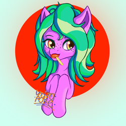 Size: 3000x3000 | Tagged: safe, artist:umbrapone, imported from derpibooru, oc, oc only, earth pony, pony, candy, cel shading, food, green eyes, green mane, high res, lollipop, mouth hold, needs more saturation, orange eyes, shading, simple background, solo, two toned eyes