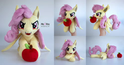 Size: 2000x1054 | Tagged: safe, artist:meplushyou, imported from derpibooru, fluttershy, bat pony, pony, apple, bat ponified, chibi, flutterbat, food, irl, photo, plushie, race swap, solo