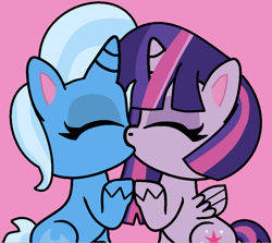 Size: 984x876 | Tagged: safe, artist:jadeharmony, artist:jadethepegasus, imported from derpibooru, trixie, twilight sparkle, alicorn, pony, unicorn, my little pony: pony life, duo, eyes closed, female, g4.5, holding hooves, kiss on the lips, kissing, lesbian, mare, pink background, pony life, shipping, simple background, twilight sparkle (alicorn), twixie