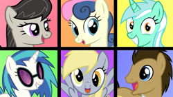 Size: 640x360 | Tagged: safe, imported from derpibooru, bon bon, derpy hooves, dj pon-3, doctor whooves, lyra heartstrings, octavia melody, sweetie drops, time turner, vinyl scratch, earth pony, pegasus, pony, unicorn, background six, female, happy, male, mare, open mouth, smiling, stallion, vector