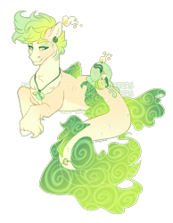 Size: 1637x2107 | Tagged: safe, artist:shady-bush, imported from derpibooru, oc, oc only, hybrid, merpony, original species, scented pony, seapony (g4), closed species, dorsal fin, eyelashes, fangs, fish tail, flowing tail, green mane, jewelry, male, necklace, simple background, smiling, solo, stallion, tail, transparent background, unshorn fetlocks, watermark