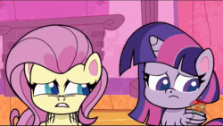 Size: 1280x720 | Tagged: safe, imported from derpibooru, screencap, fluttershy, twilight sparkle, alicorn, pony, my little pony: pony life, the debut taunt, animated, duo, duo female, female, g4.5, gasp, implied rarity, out of context, pony life, sitting, sound, talking, teeth, treehouse logo, twilight sparkle (alicorn), webm
