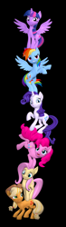 Size: 1116x3840 | Tagged: safe, artist:owlpirate, imported from derpibooru, applejack, fluttershy, pinkie pie, rainbow dash, rarity, twilight sparkle, alicorn, earth pony, pegasus, pony, unicorn, 3d, black background, female, high res, mane six, mare, pony pile, rearing, simple background, source filmmaker, spread wings, tower of pony, twilight sparkle (alicorn), wings
