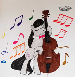 Size: 1024x1054 | Tagged: safe, artist:writepillar, imported from derpibooru, octavia melody, earth pony, pony, bipedal, bow (instrument), cello, female, mare, musical instrument, solo, traditional art