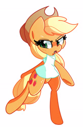 Size: 1705x2615 | Tagged: safe, artist:kindakismet, imported from derpibooru, applejack, earth pony, pony, bipedal, bottomless, clothes, cute, female, jackabetes, mare, open mouth, partial nudity, shirt, simple background, solo, t-shirt, white background
