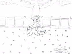 Size: 2831x2118 | Tagged: safe, artist:writepillar, imported from derpibooru, applejack, earth pony, pony, apple, apple tree, banjo, cloud, female, fence, grass, high res, mare, monochrome, musical instrument, solo, sun, tree