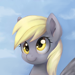 Size: 1024x1024 | Tagged: safe, artist:catachromatic, artist:thisponydoesnotexist, derpibooru exclusive, imported from derpibooru, derpy hooves, pegasus, pony, ai content, ai generated, bust, cute, female, generator:thisponydoesnotexist, neural network, not derpy, overpaint, paintover, portrait, sky background, smiling, solo