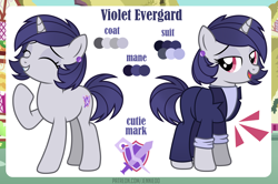Size: 4000x2661 | Tagged: source needed, safe, artist:jennieoo, imported from derpibooru, imported from ponybooru, oc, oc only, oc:violet evergard, pony, unicorn, business suit, clothes, cutie mark, ear piercing, earring, female, happy, horn, jewelry, mare, piercing, raised hoof, reference sheet, show accurate, simple background, smiling, solo, suit, tuxedo, unicorn oc, vector