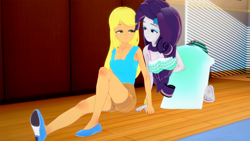 Size: 1920x1080 | Tagged: safe, artist:csxz, imported from derpibooru, applejack, rarity, human, equestria girls, 3d, blonde hair, clothes, clothes swap, cosplay, costume, denim shorts, dress, duo, duo female, female, girly girl, green eyes, indoors, koikatsu, leni loud, light skin, long hair, lori loud, purple hair, sandals, shoes, shorts, sitting, sitting on floor, tanktop, the loud house, tomboy, white skin, wooden floor