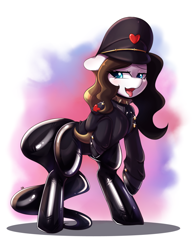 Size: 924x1188 | Tagged: safe, artist:tikrs007, imported from derpibooru, oc, oc only, oc:chocolate fudge, earth pony, pony, bipedal, clothes, collar, female, latex, latex suit, mare, open mouth, solo, spiked collar, tongue out, uniform