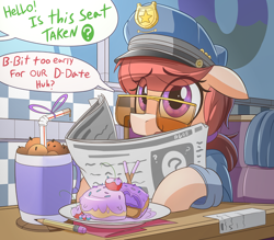 Size: 2290x2010 | Tagged: safe, artist:nignogs, oc, oc only, oc:anon, oc:rough cuff, earth pony, human, pony, bendy straw, cherry, dialogue, diner, donut, donut shop, drinking straw, eye clipping through hair, female, floppy ears, food, mare, newspaper, offscreen character, pencil, police, police officer, police pony, police uniform, purple eyes, reading, reversed gender roles equestria, reversed gender roles equestria general, solo focus, straw, stuttering, sunglasses