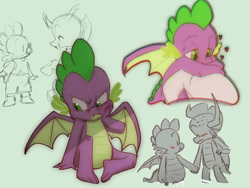 Size: 1000x750 | Tagged: safe, artist:gloomy-doom, imported from derpibooru, ocellus, smolder, spike, dragon, blushing, female, heart, holding hands, male, shipping, spolder, straight, winged spike