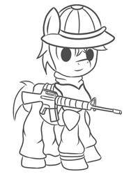 Size: 1500x2000 | Tagged: safe, artist:pizzamovies, imported from derpibooru, oc, oc only, earth pony, pony, fallout equestria, armor, battle saddle, clothes, earth pony oc, fallout, fallout: new vegas, gun, helmet, looking at you, m16a2, male, monochrome, new california republic, rifle, simple background, smiling, stallion, weapon, white background