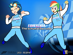 Size: 2160x1620 | Tagged: safe, artist:forzaveteranenigma, imported from derpibooru, indigo zap, rainbow dash, human, fanfic:equestria motorsports, equestria girls, background, forza motorsport, human coloration, humanized, in the air, jumping, michael schumacher, racing, racing suit, watermark