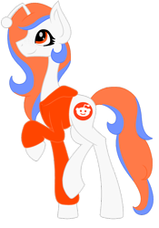 Size: 640x914 | Tagged: safe, imported from derpibooru, oc, oc:reddit, pony, blue hair, downvote, freckles, orange eyes, orange hair, orange jacket, orange sweater, reddit, snoo, upvote