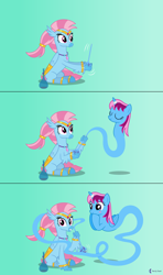 Size: 4000x6750 | Tagged: safe, artist:parclytaxel, imported from derpibooru, oc, oc only, oc:parcly taxel, oc:wishgriff, alicorn, classical hippogriff, genie, genie pony, hippogriff, pony, ain't never had friends like us, albumin flask, .svg available, absurd resolution, ask, blushing, bottle, comic, eye contact, eyes closed, female, gradient background, hoof over mouth, looking at each other, looking at you, mare, not silverstream, shaking, sitting, smiling, tickle torture, tickling, uk ponycon, vector