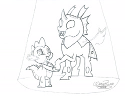 Size: 2190x1695 | Tagged: safe, artist:writepillar, imported from derpibooru, spike, thorax, changeling, dragon, the times they are a changeling, duo, duo male, male, monochrome, spotlight, wingless spike